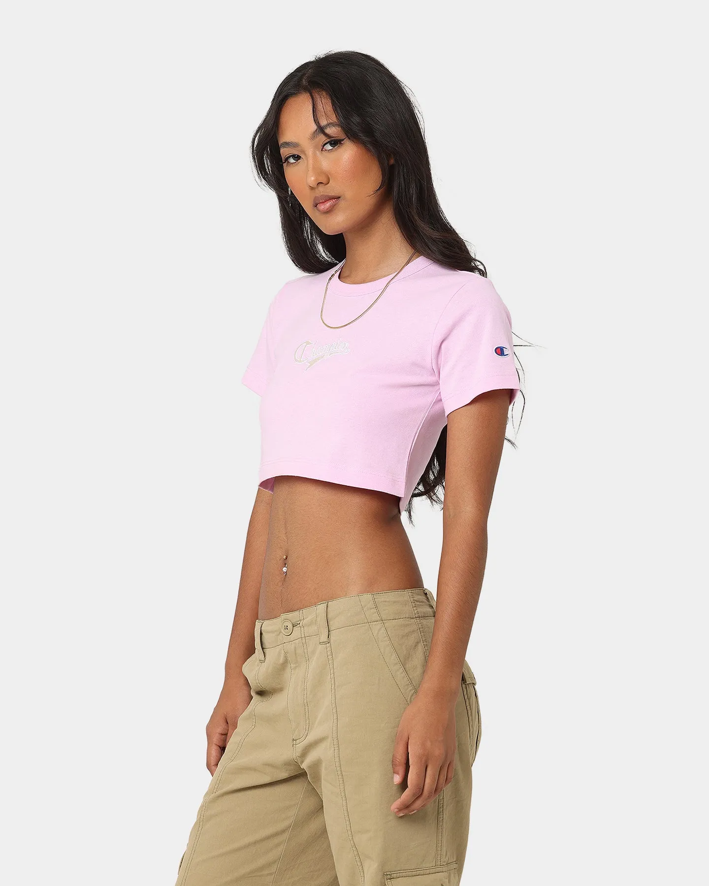 Champion Women's Heritage Cursive Script Baby T-Shirt Cotton Pink