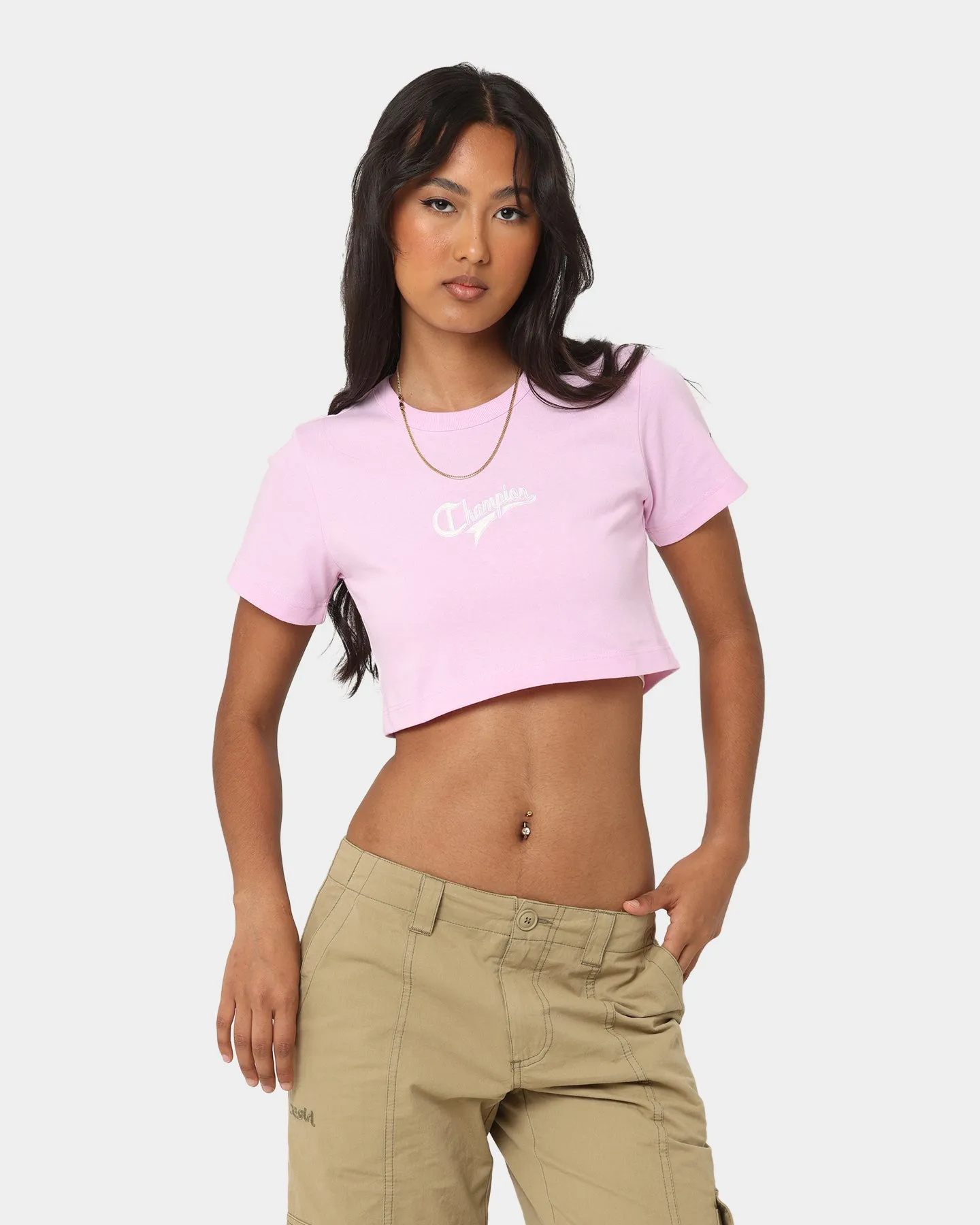 Champion Women's Heritage Cursive Script Baby T-Shirt Cotton Pink