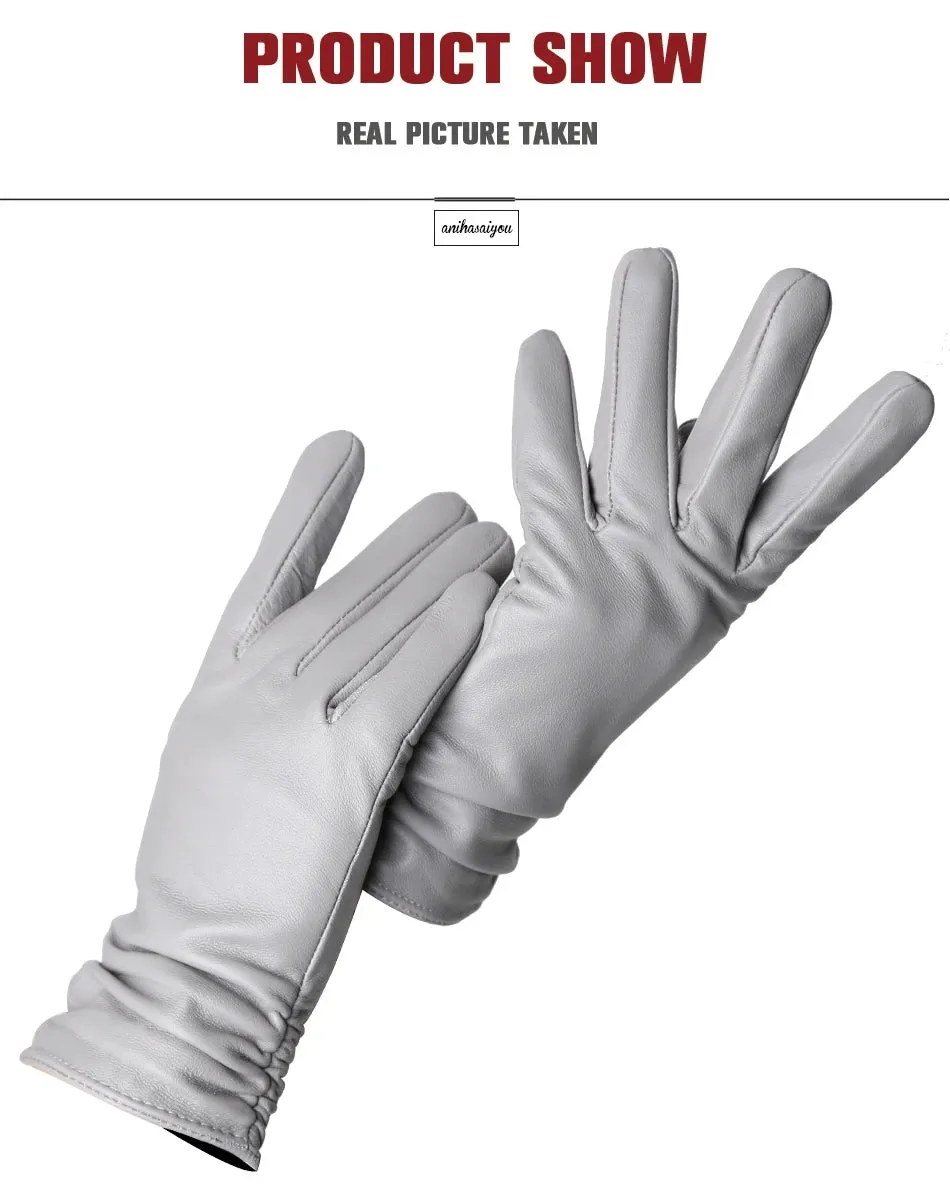 Classic pleated leather gloves women color real leather gloves women sheepskin Genuine Leather winter gloves women-2081