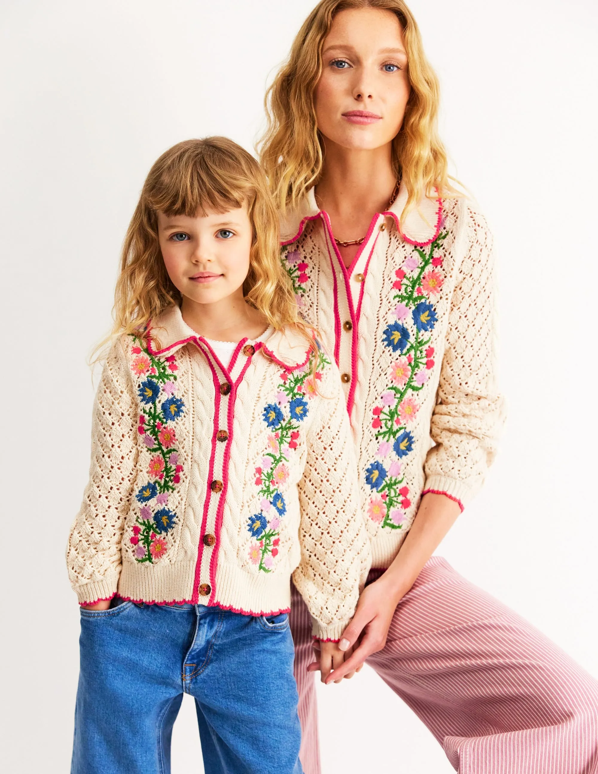 Cotton Embroidered Cardigan-Ecru Marl Flowers