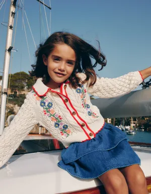 Cotton Embroidered Cardigan-Ecru Marl Flowers