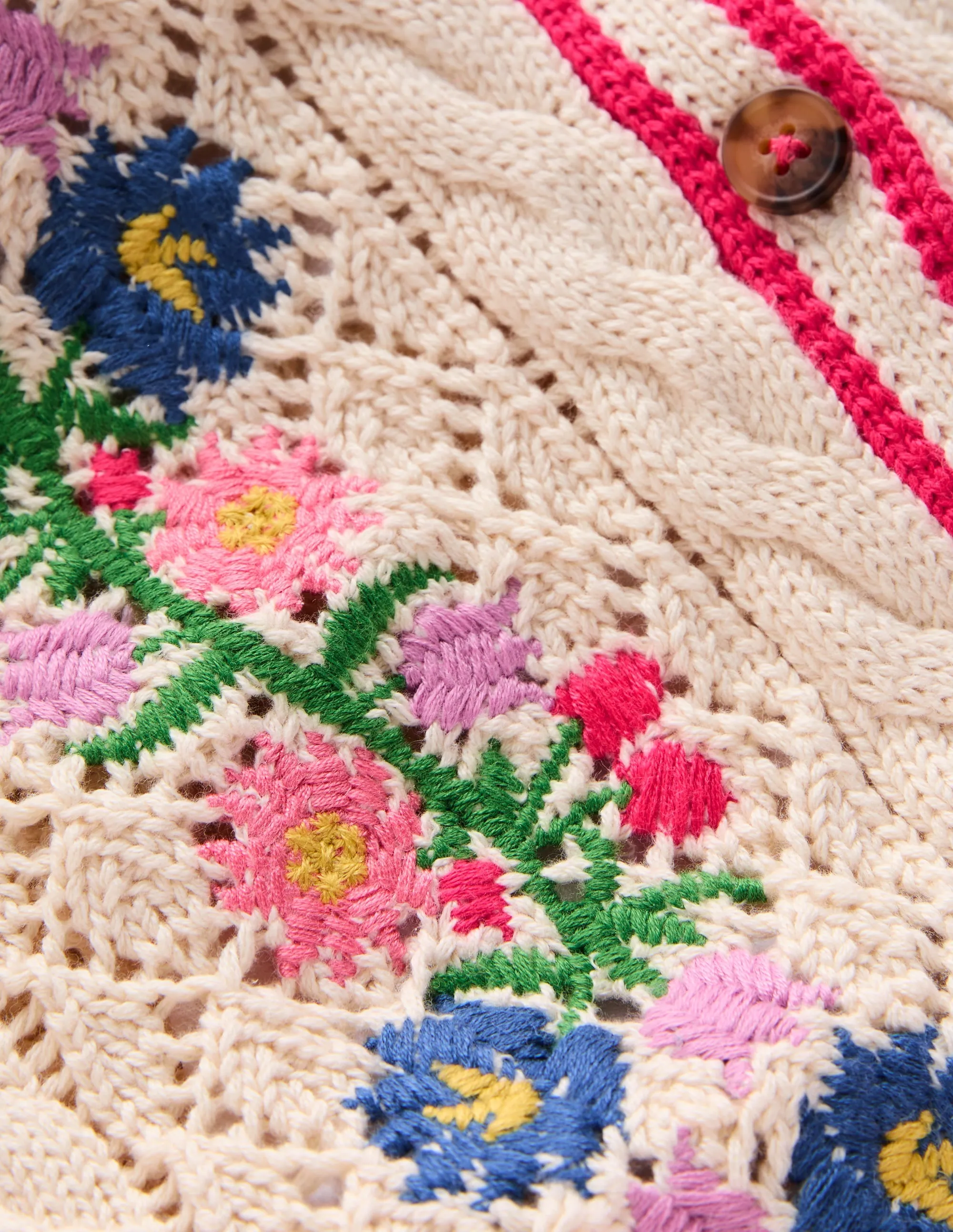 Cotton Embroidered Cardigan-Ecru Marl Flowers