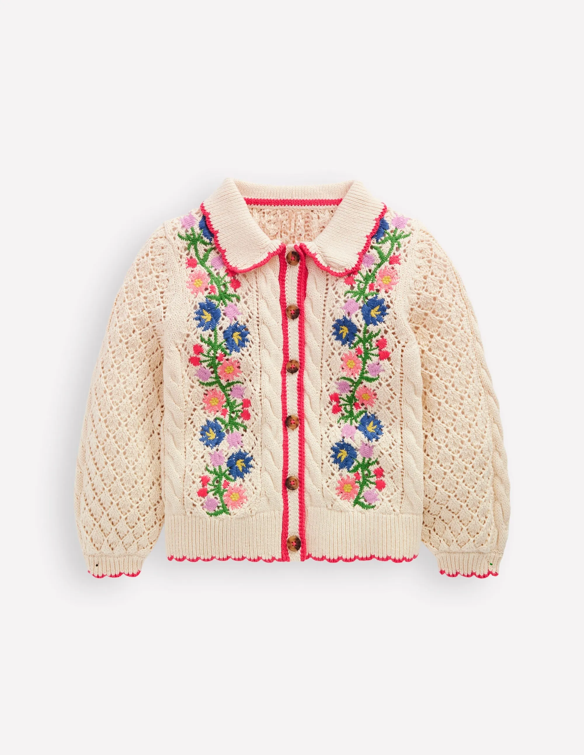 Cotton Embroidered Cardigan-Ecru Marl Flowers