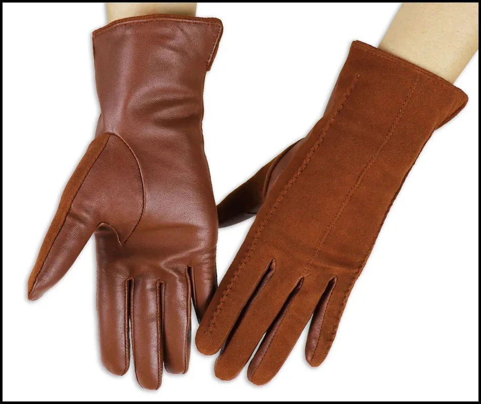 Leather Gloves Women's Sheepskin Suede Gloves Frosted Leather Autumn and Winter Thin and Thick Warm Knitted Lining Fashion New