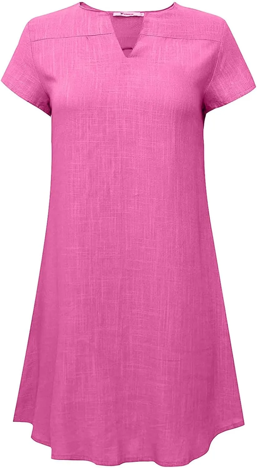 NaRHbrg Women's Linen T Shirt Dress Short Sleeve Casual Loose Fit Summer Dresses with Pockets Lightweight Beach Sundress