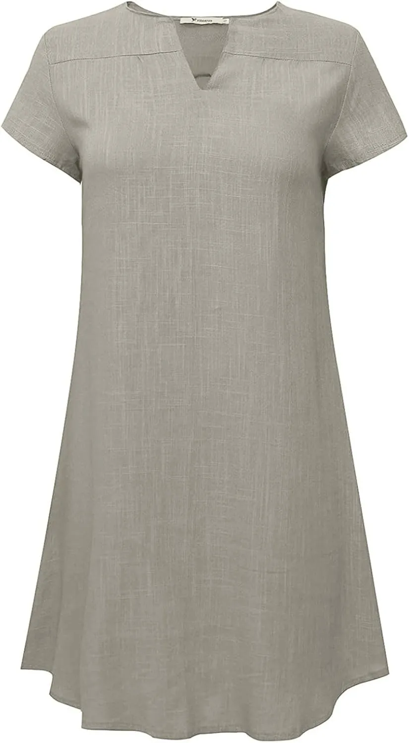 NaRHbrg Women's Linen T Shirt Dress Short Sleeve Casual Loose Fit Summer Dresses with Pockets Lightweight Beach Sundress