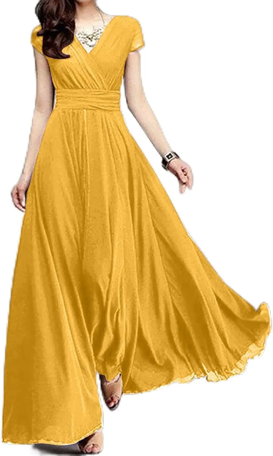 Wedding Guest Dresses for Women Chiffon Cap Sleeve V Neck Maxi Length Evening Ball Gowns Flowy Bridesmaid Dress 2025
