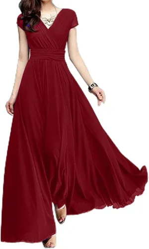 Wedding Guest Dresses for Women Chiffon Cap Sleeve V Neck Maxi Length Evening Ball Gowns Flowy Bridesmaid Dress 2025