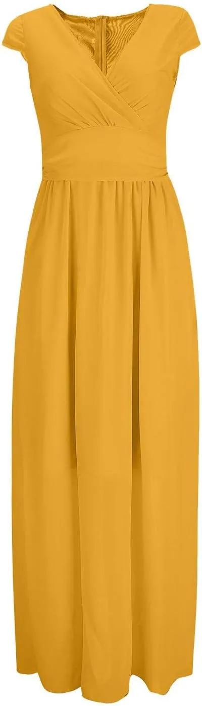 Wedding Guest Dresses for Women Chiffon Cap Sleeve V Neck Maxi Length Evening Ball Gowns Flowy Bridesmaid Dress 2025