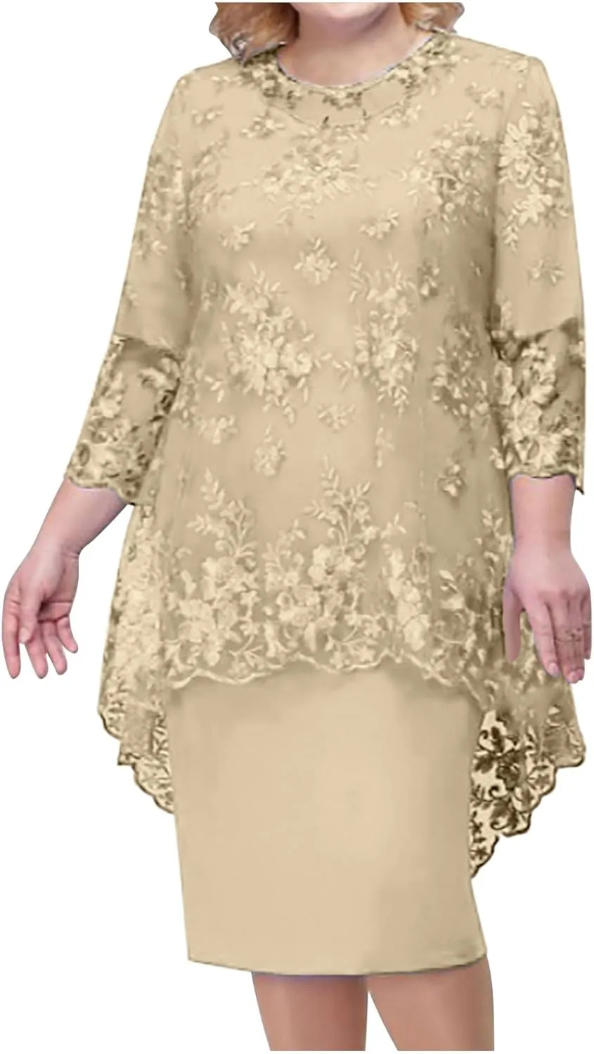 Women's Plus Size Lace Dress 3/4 Sleeve Elegant Mother of The Bride Dresses Formal Evening Party Outfit