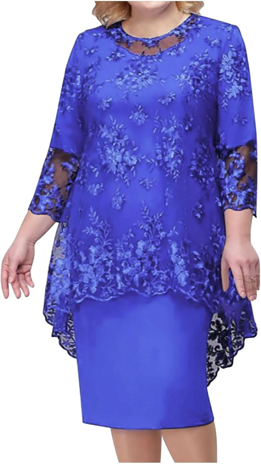 Women's Plus Size Lace Dress 3/4 Sleeve Elegant Mother of The Bride Dresses Formal Evening Party Outfit
