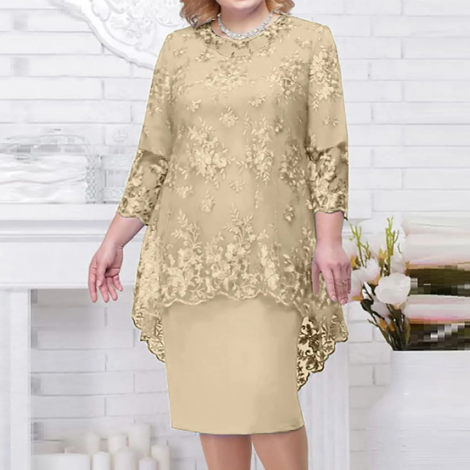 Women's Plus Size Lace Dress 3/4 Sleeve Elegant Mother of The Bride Dresses Formal Evening Party Outfit
